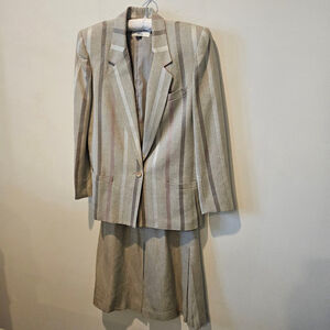 Women's Kasper for A.S.L.Vintage 80s Beige Striped Jacket Skirt Suit Set Size 8